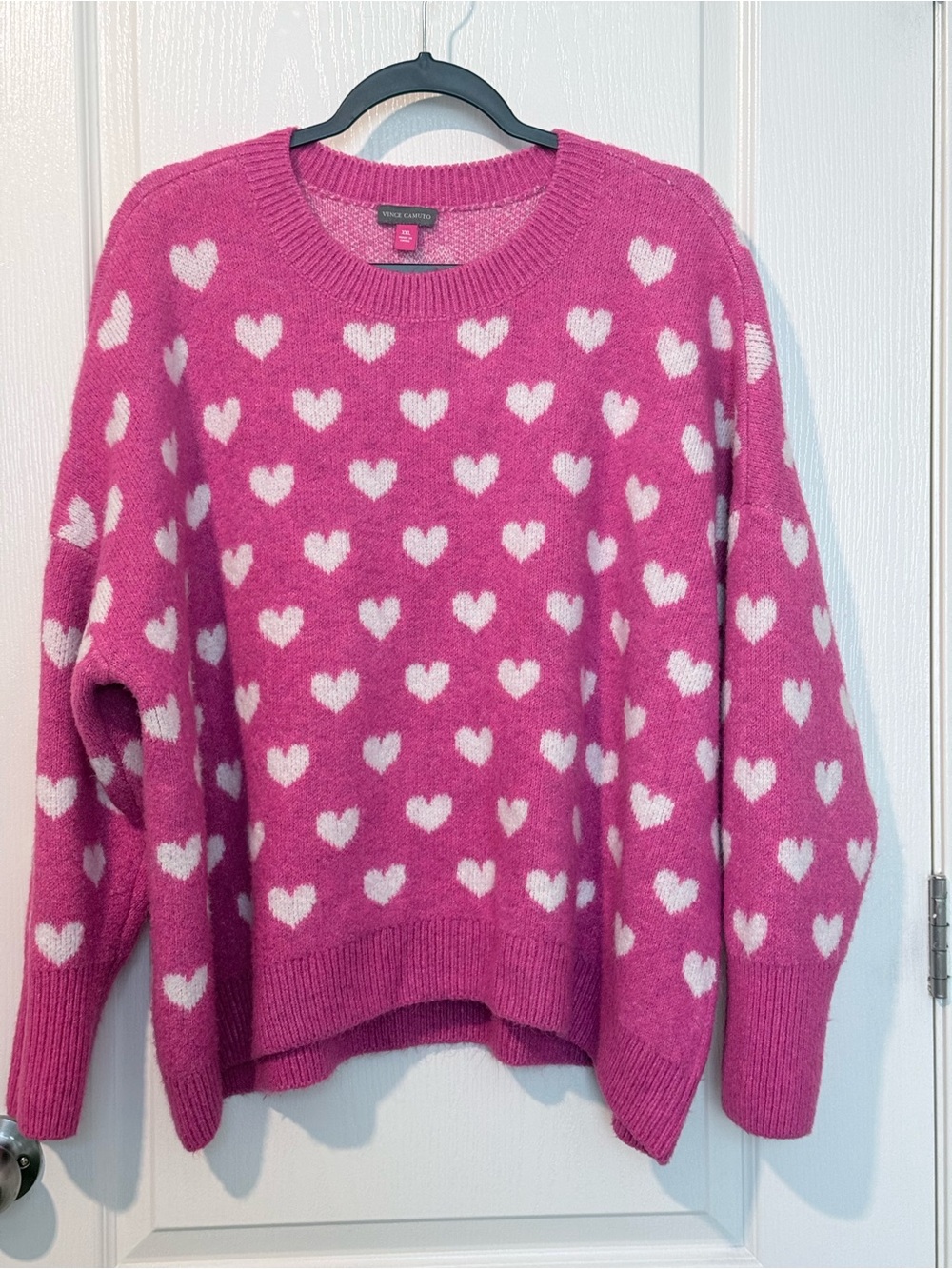 Vince Camuto Hot Pink Crewneck Sweater with White Heart Motif